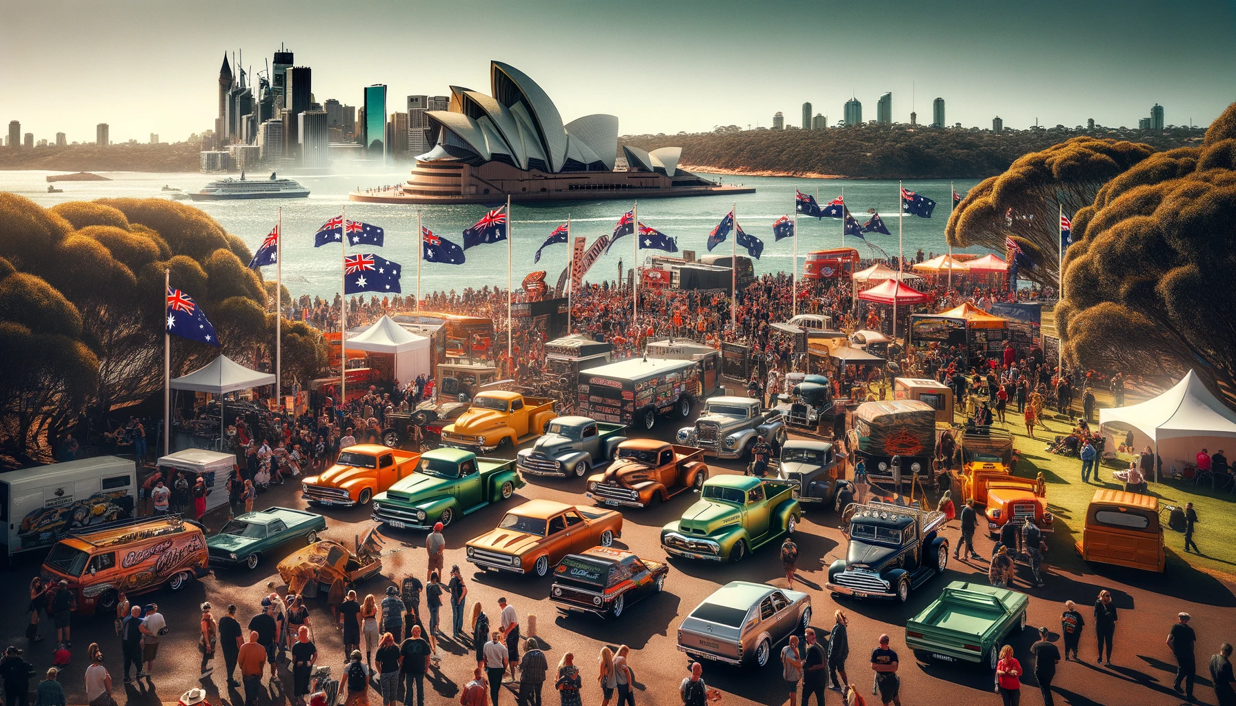 Australian Car Festival Scene with Classic and Modern Cars, Crowds, and Iconic Landmarks